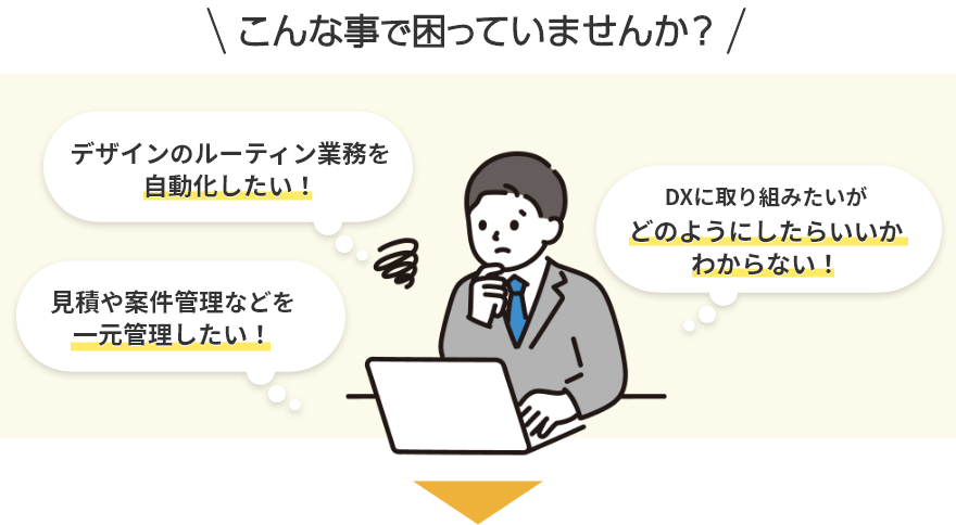 こんな事で困っていませんか？ デザインのルーティン業務を自動化したい！見積や案件管理などを一元管理したい！DXに取り組みたいがどのようにしたらいいか解らない！